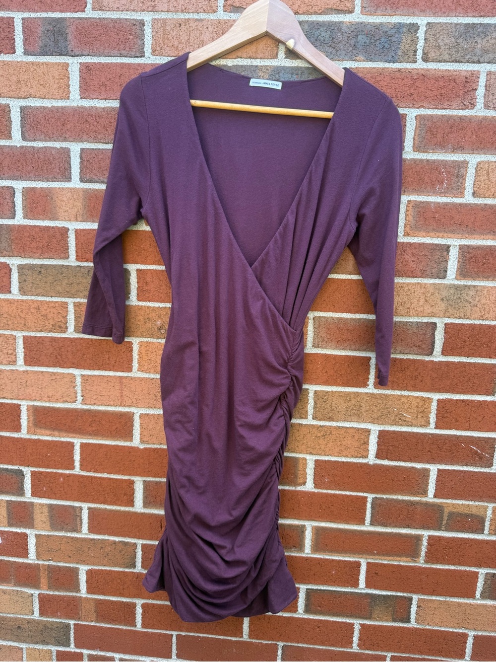 James Perse Standard Ruched Wrap Midi Dress Purple 3/4 Sleeve Size 3